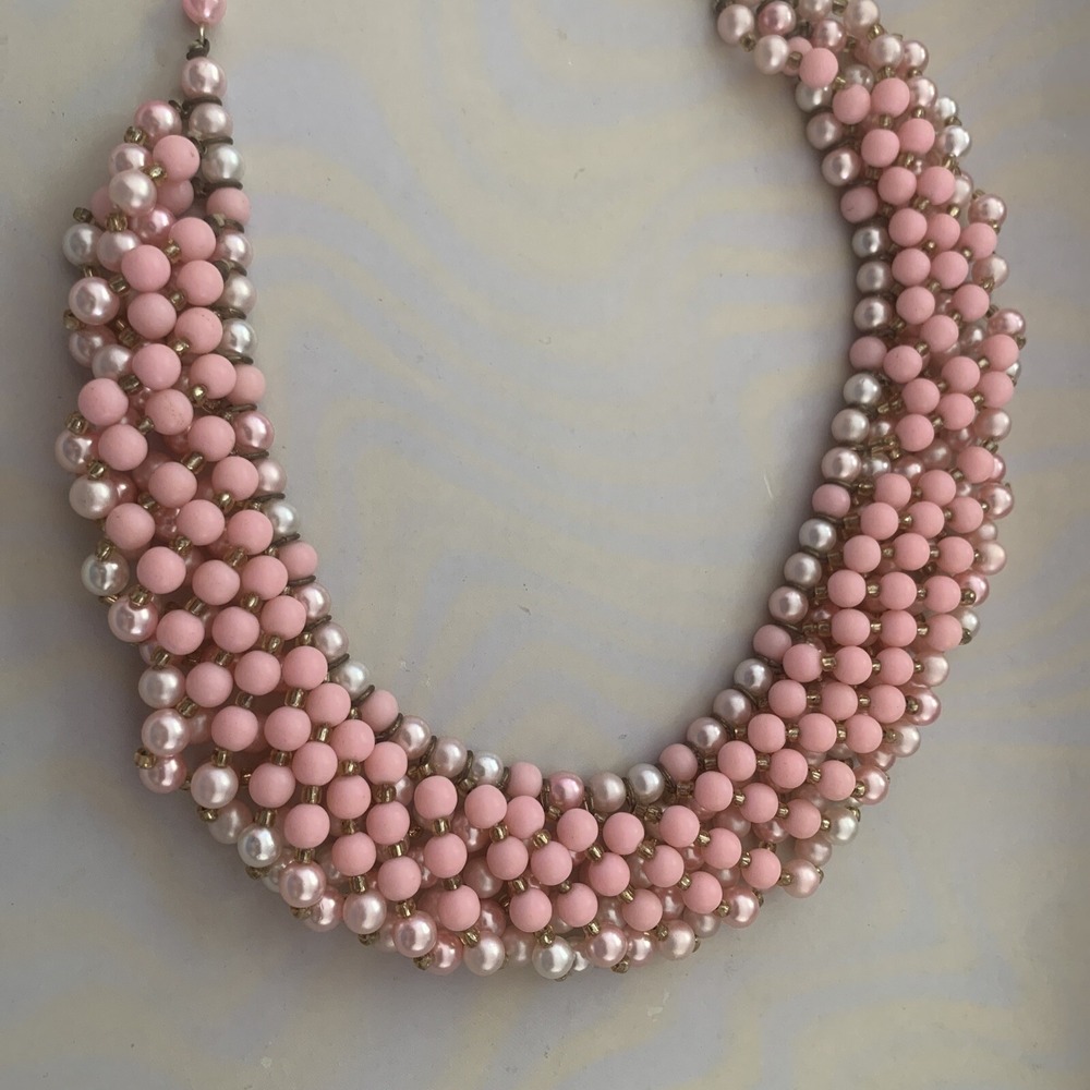 Vintage JAPAN White Pink Pearl Beaded Necklace babble collar bib Reversable